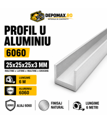 Profil U aluminiu 25 x 25 x 25 x 3 mm, 6 metri Profil U aluminiu 25 x 25 x 25 x 3 mm, 6 metri
